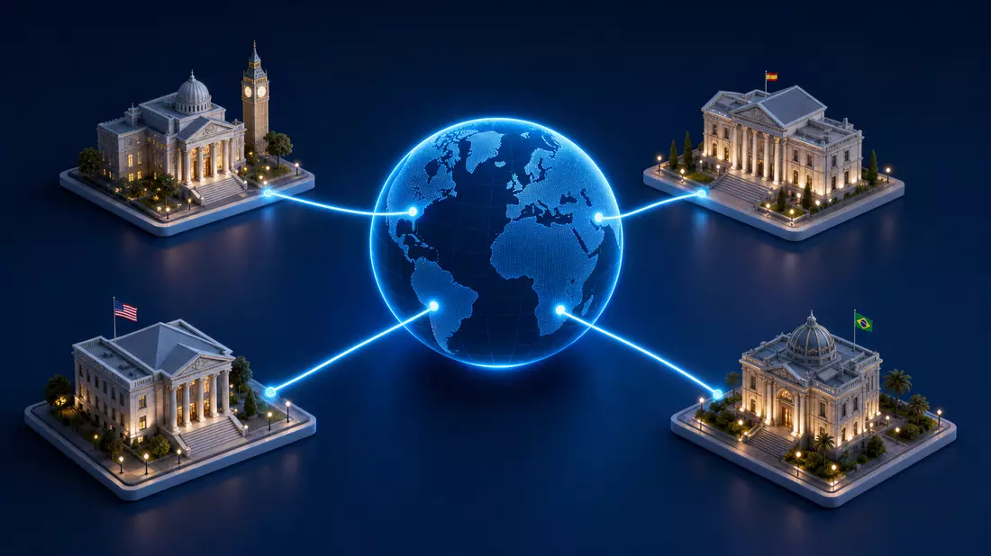 3D isometric globe with glowing lines connecting bank buildings across four countries