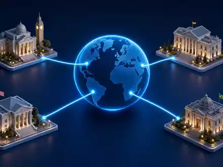 Santander ES0113900019 isometric globe connecting bank buildings in Spain UK USA Brazil - Foto: THN