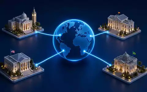 Santander ES0113900019 isometric globe connecting bank buildings in Spain UK USA Brazil - Foto: THN