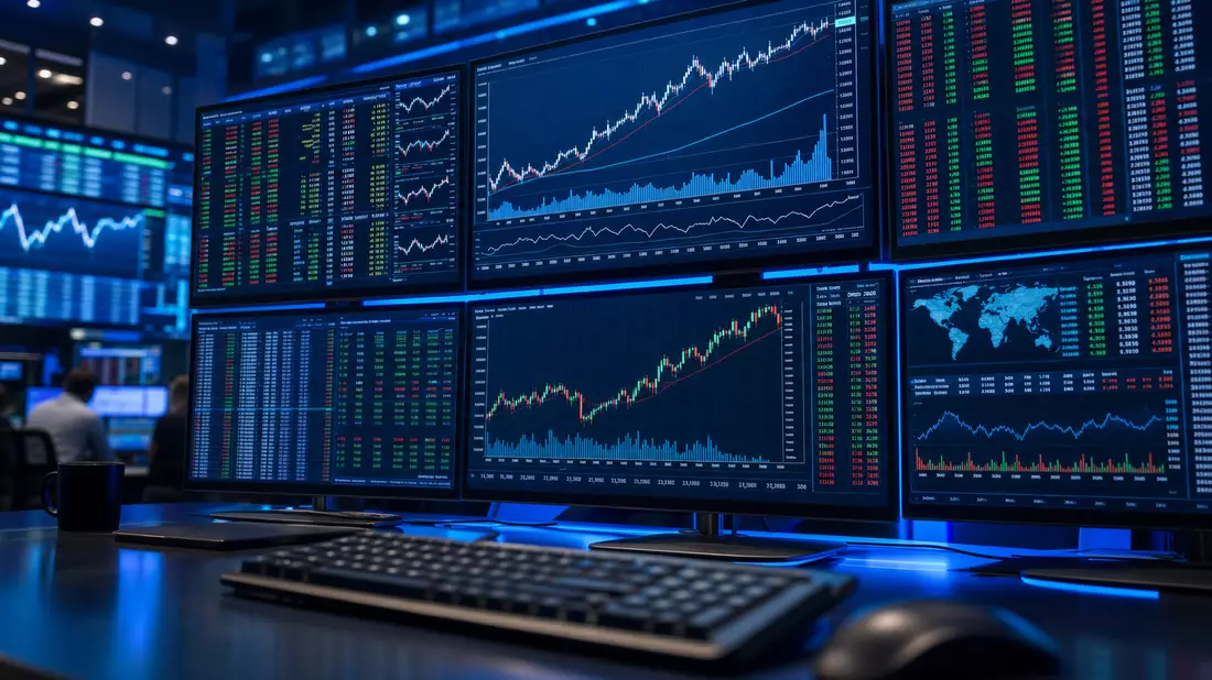Multiple trading screens showing IBEX 35 and global stock market charts in blue light