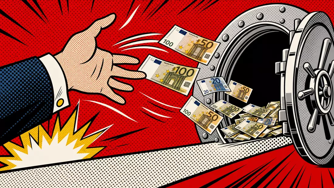 Pop-art comic illustration of hand throwing euro banknotes into open bank vault