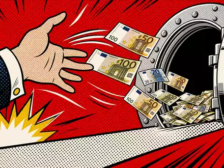 Santander ES0113900019 pop-art comic hand throwing euro banknotes into open bank vault - Foto: THN
