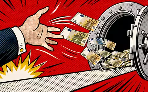 Santander ES0113900019 pop-art comic hand throwing euro banknotes into open bank vault - Foto: THN
