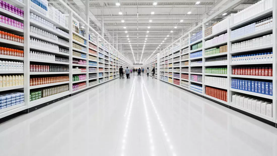 Carrefour FR0000120172 Hypermarkt-Innenraum mit langen Regalreihen, weite Verkaufsfläche