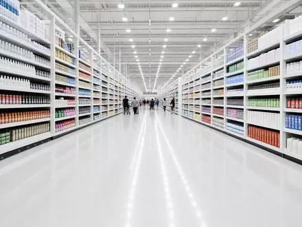 Fotorealistischer Hypermarkt mit Regalreihen symbolisiert Carrefour, ISIN FR0000120172, französischer Einzelhandelsriese der Konsumgüterbranche europaweit - Foto: THN