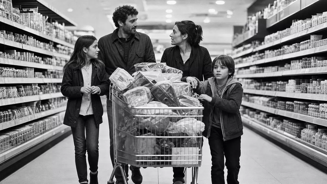 Carrefour FR0000120172 Schwarzweiß-Reportage Familie mit gefülltem Einkaufswagen im Supermarktgang
