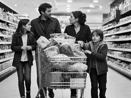 Schwarzweiß-Reportage einer Familie mit Einkaufswagen zeigt Kunden von Carrefour, ISIN FR0000120172, Konsumalltag im Supermarkt - Foto: THN