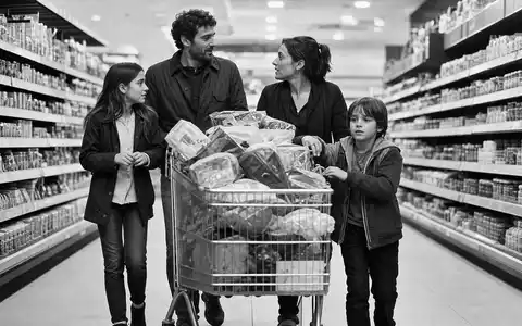 Schwarzweiß-Reportage einer Familie mit Einkaufswagen zeigt Kunden von Carrefour, ISIN FR0000120172, Konsumalltag im Supermarkt - Foto: THN