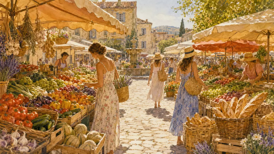 Carrefour FR0000120172 Aquarell französische Provinz-Marktszene mit Obstständen und Kundinnen