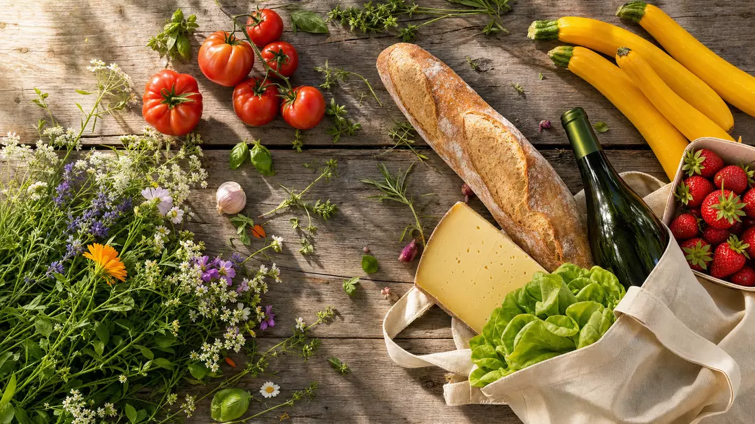 Carrefour FR0000120172 Flatlay Obst Baguette Käse Weinflasche auf Holztisch