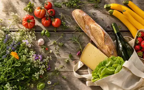 Flatlay aus Obst, Baguette, Käse und Wein steht für Carrefour, ISIN FR0000120172, französische Esskultur arrangiert - Foto: THN