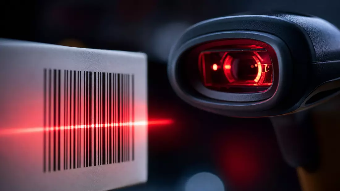 Carrefour FR0000120172 Makro Detail Barcode-Scanner mit Laserstrahl über Produkt