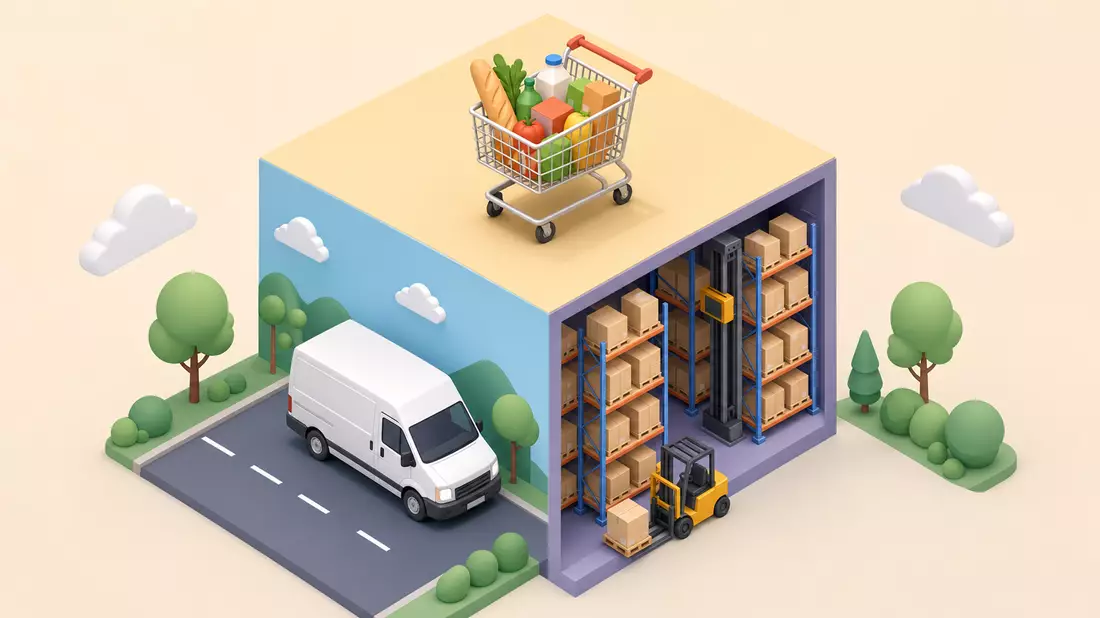 Carrefour FR0000120172 Isometrisches 3D Würfel Einkaufswagen Lieferwagen Hochregallager