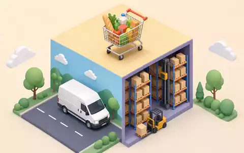 Isometrische 3D-Darstellung mit Einkaufswagen und Lieferwagen veranschaulicht Carrefour, ISIN FR0000120172, integrierte Handels- und Lagerlogistik - Foto: THN
