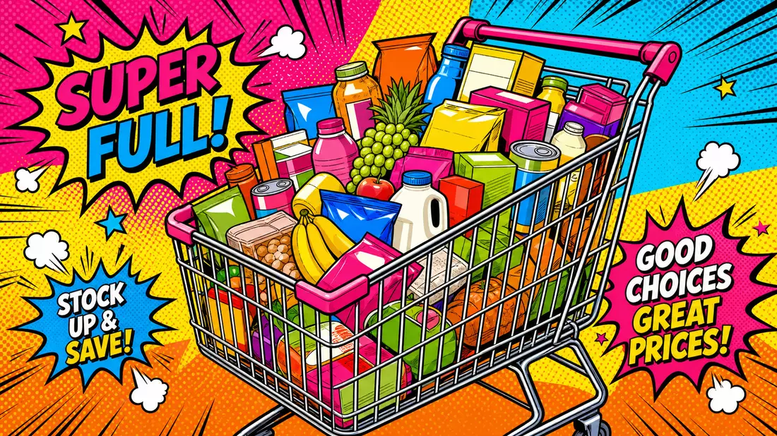 Carrefour FR0000120172 Pop-Art-Comic Einkaufswagen voller bunter Lebensmittel knallige Farben