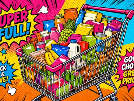 Pop-Art-Comic mit buntem Einkaufswagen feiert Carrefour, ISIN FR0000120172, lebendiges Konsumerlebnis im modernen Massenmarkt der Einzelhändler - Foto: THN