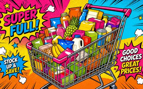 Pop-Art-Comic mit buntem Einkaufswagen feiert Carrefour, ISIN FR0000120172, lebendiges Konsumerlebnis im modernen Massenmarkt der Einzelhändler - Foto: THN