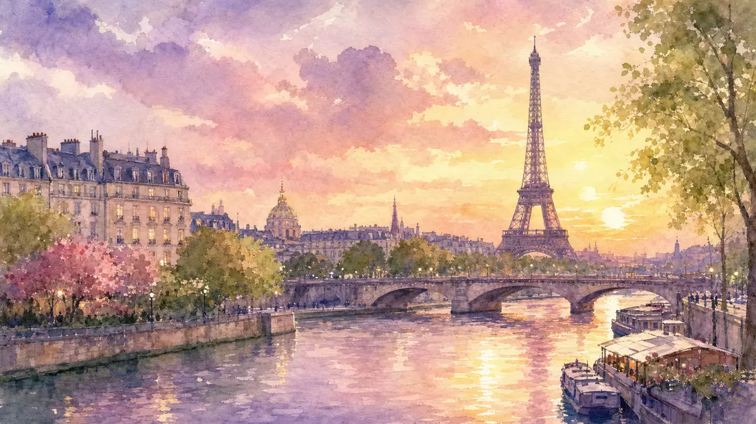 Aquarell der Pariser Skyline mit Eiffelturm in weichen Pastelltönen über der Seine