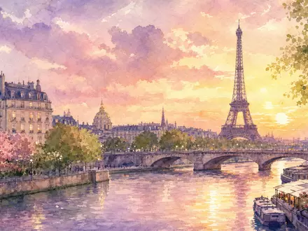 AXA Aquarell Pariser Skyline mit Eiffelturm und Seine in weichen Pastellfarben ISIN FR0000120620 - Foto: THN