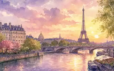 AXA Aquarell Pariser Skyline mit Eiffelturm und Seine in weichen Pastellfarben ISIN FR0000120620 - Foto: THN