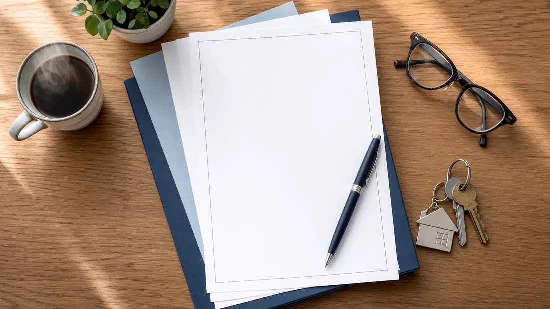 Flatlay von Versicherungsdokumenten, Stift, Brille und Hausschlüssel auf Holztisch