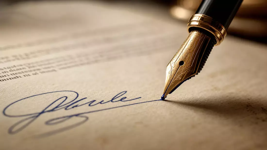 Makroaufnahme eines goldenen Füllfederhalters der eine Unterschrift auf Pergamentpapier schreibt