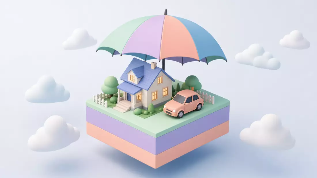 Isometrische 3D-Illustration eines pastellfarbenen Würfels mit Haus, Auto und schützendem Regenschirm