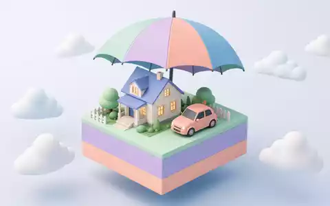 AXA isometrische 3D Illustration Haus Auto Regenschirm auf Pastell Würfel ISIN FR0000120620 - Foto: THN