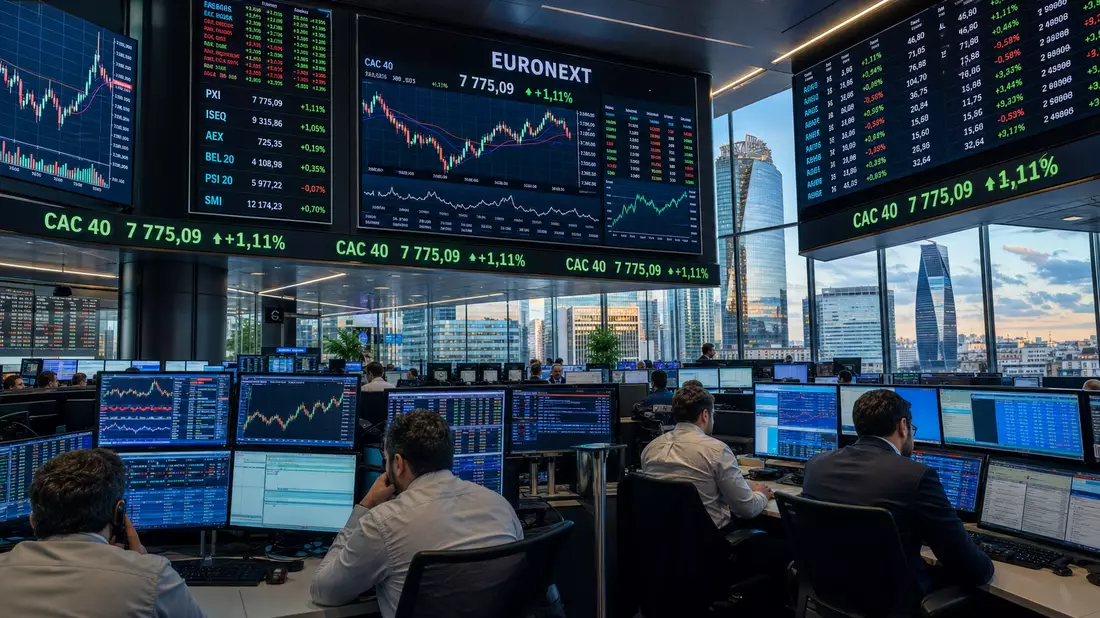 Euronext-Paris-Handelssaal mit CAC-40-Ticker und Kursdiagrammen auf großen Bildschirmen