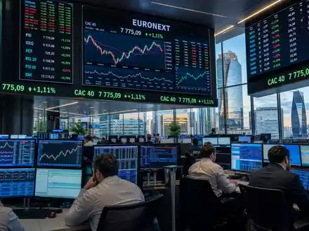 AXA an der Euronext Paris Trading Floor mit CAC 40 Charts auf Bildschirmen ISIN FR0000120620 - Foto: THN