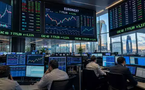 AXA an der Euronext Paris Trading Floor mit CAC 40 Charts auf Bildschirmen ISIN FR0000120620 - Foto: THN