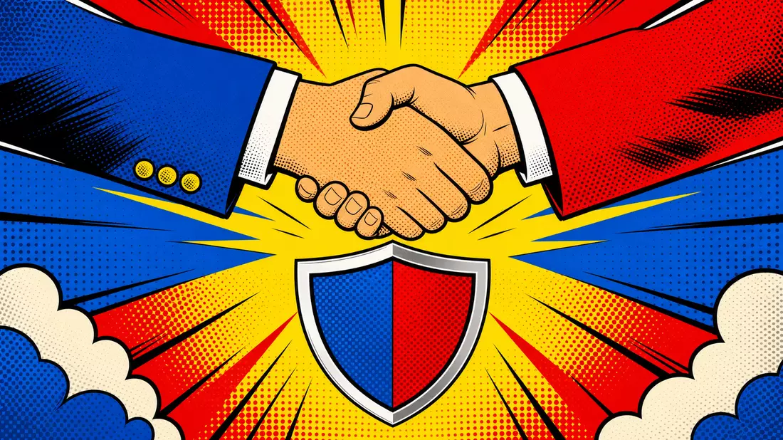 Pop-Art-Comic: Handschlag über einem Versicherungs-Schutzschild in kräftigen Primärfarben