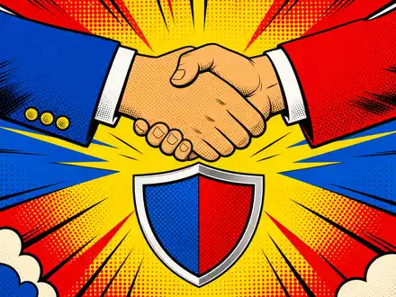AXA Pop Art Comic Handschlag über Versicherungs Schutzschild in kräftigen Primärfarben FR0000120620 - Foto: THN