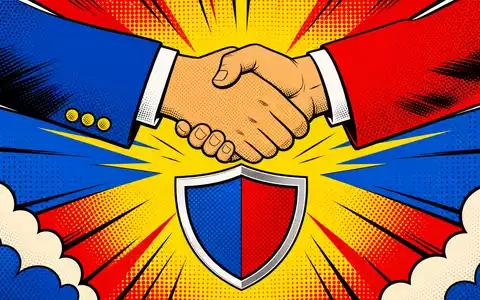 AXA Pop Art Comic Handschlag über Versicherungs Schutzschild in kräftigen Primärfarben FR0000120620 - Foto: THN