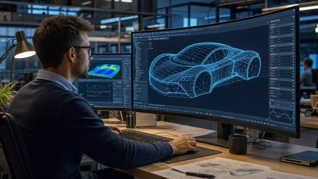 Engineer at 4K monitor with glowing 3D CAD wireframe car model, Dassault Systèmes