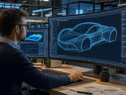 Dassault Systèmes FR0014003TT8 engineer reviews complex 3D CAD wireframe car model on ultrawide screen - Foto: THN