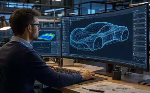 Dassault Systèmes FR0014003TT8 engineer reviews complex 3D CAD wireframe car model on ultrawide screen - Foto: THN