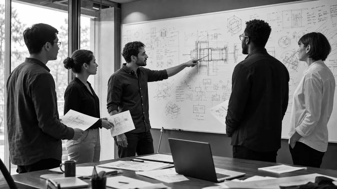 Black-and-white team discussion in front of whiteboard covered with technical engineering sketches
