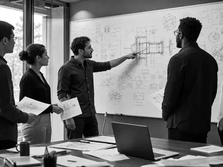 Dassault Systèmes FR0014003TT8 engineering team discusses 3D design sketches at whiteboard in black-and-white - Foto: THN