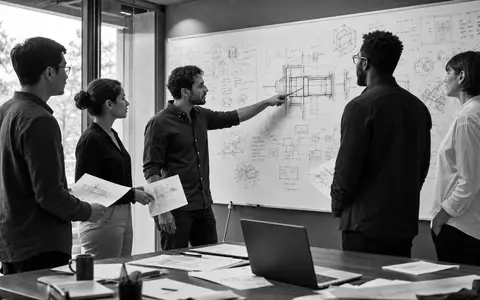 Dassault Systèmes FR0014003TT8 engineering team discusses 3D design sketches at whiteboard in black-and-white - Foto: THN