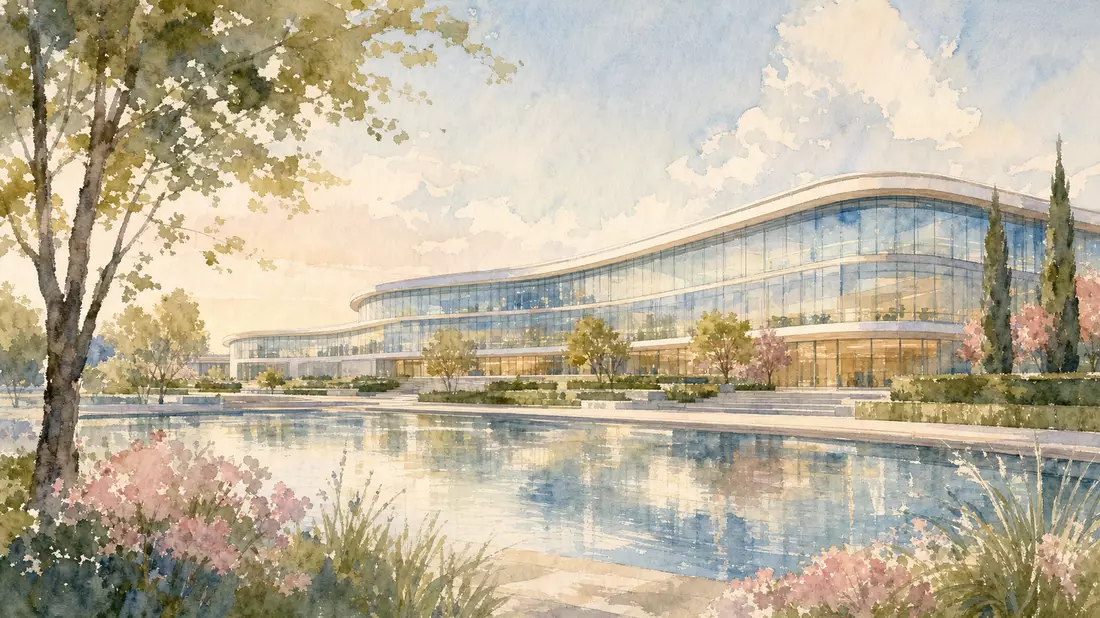 Watercolor illustration of curved glass tech campus building with reflecting pool near Paris