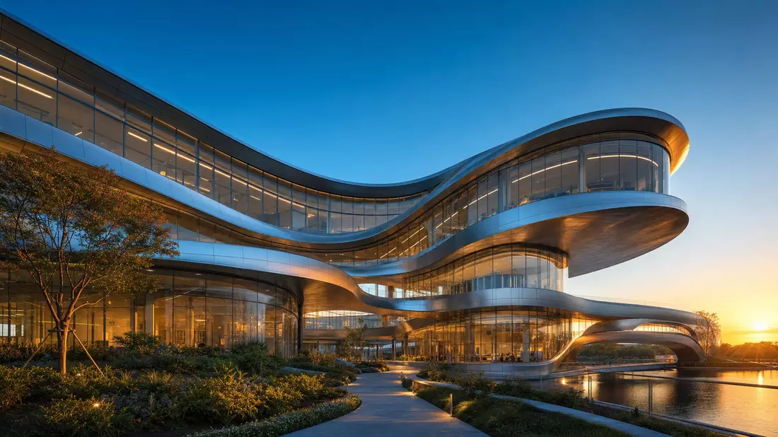 Architectural render of sinuous glass-steel research building with organic curves at sunset