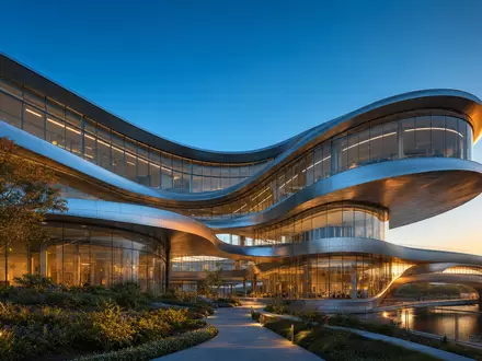 Dassault Systèmes FR0014003TT8 futuristic research campus with organic glass-steel curves at golden hour - Foto: THN