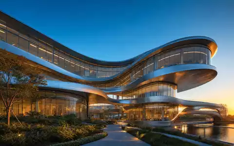 Dassault Systèmes FR0014003TT8 futuristic research campus with organic glass-steel curves at golden hour - Foto: THN