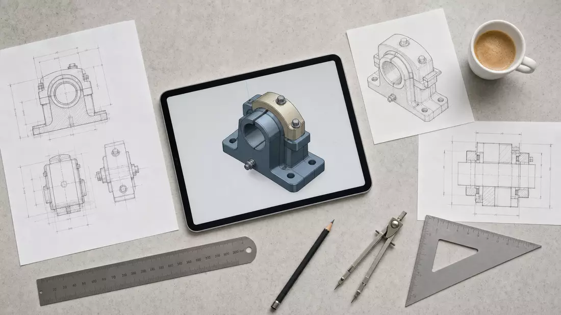 Overhead flatlay of tablet displaying 3D mechanical model, engineering sketches, ruler and coffee