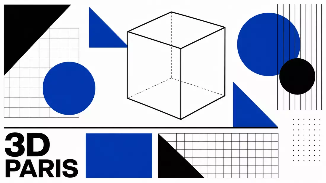 Bauhaus geometric poster with wireframe cube in cobalt blue and black with 3D PARIS text