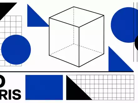 Dassault Systèmes FR0014003TT8 Bauhaus poster with geometric wireframe cube in blue-black-white palette - Foto: THN