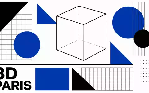 Dassault Systèmes FR0014003TT8 Bauhaus poster with geometric wireframe cube in blue-black-white palette - Foto: THN