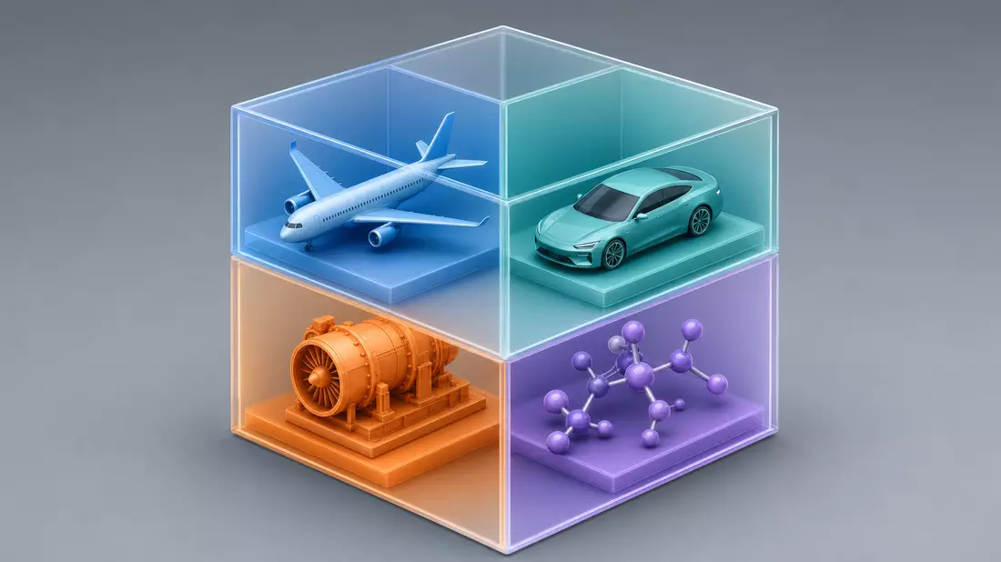 Isometric translucent cube with four compartments showing airplane, car, turbine and molecule models