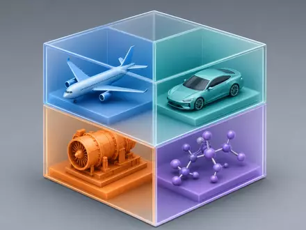 Dassault Systèmes FR0014003TT8 isometric cube contains miniature 3D models of airplane, car, machine, molecule - Foto: THN